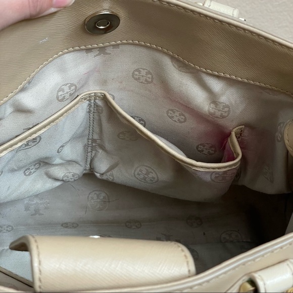 Tory Burch East West Robinson Satchel Tote Color Block Mid Camel Ivory - Picture 8 of 14